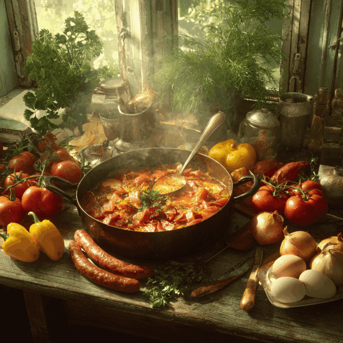 Baconös-kolbászos lecsó tojással