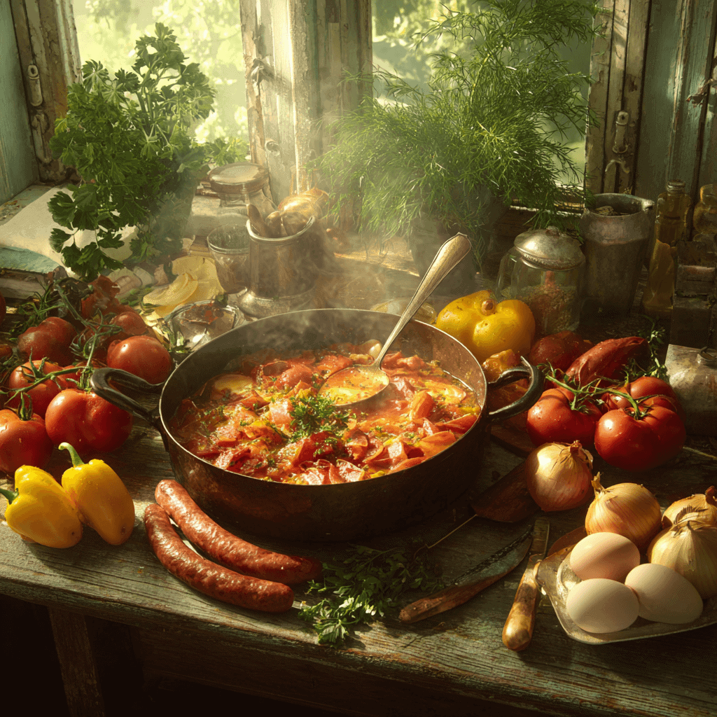 Baconös-kolbászos lecsó tojással